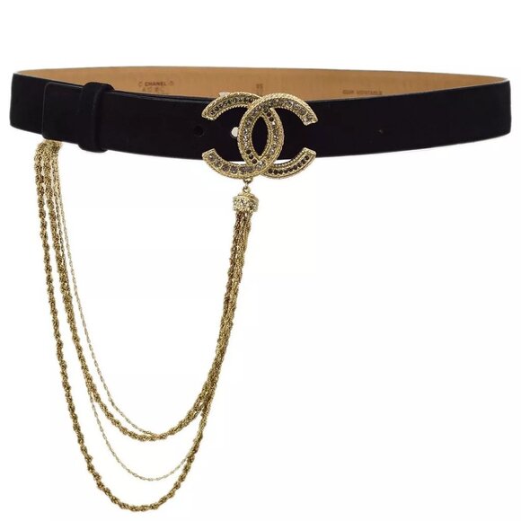 Chanel Black Gold Suede Belt Rhinestone #85/34 A12C Small Good 99900 - Picture 1 of 9